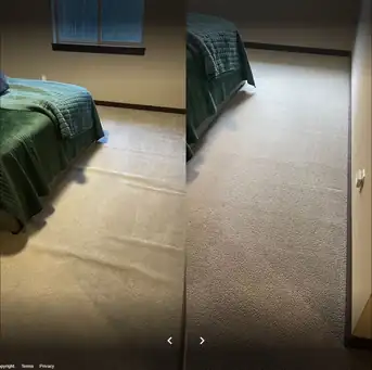 A second bedroom carpet shown before and after stretching in a single frame