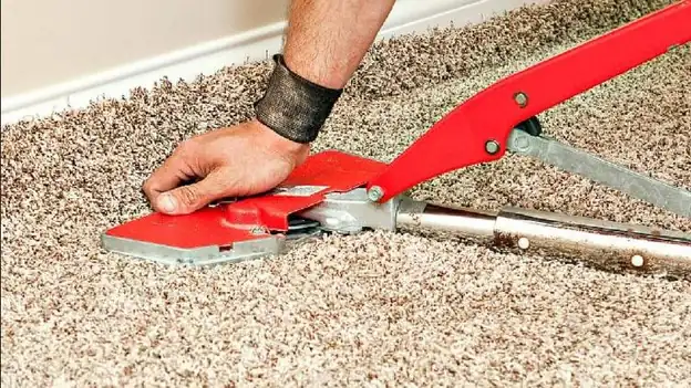 Close-up of a red power-stretcher head gripping carpet mid-job